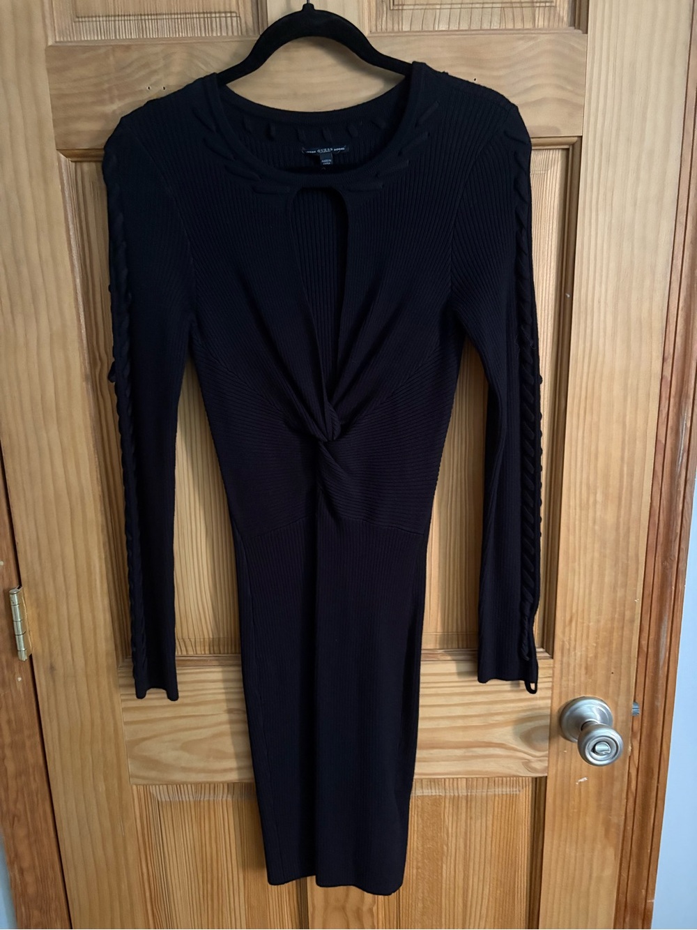 Guess Black Twist-Front Ribbed Long Sleeve Dress